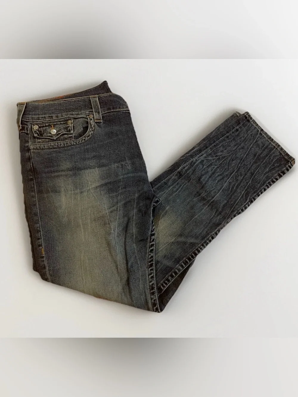 Y2K True Religion Jeans Rocco Relaxed Skinny Size 40 Blue Distressed Denim - Picture 2 of 14